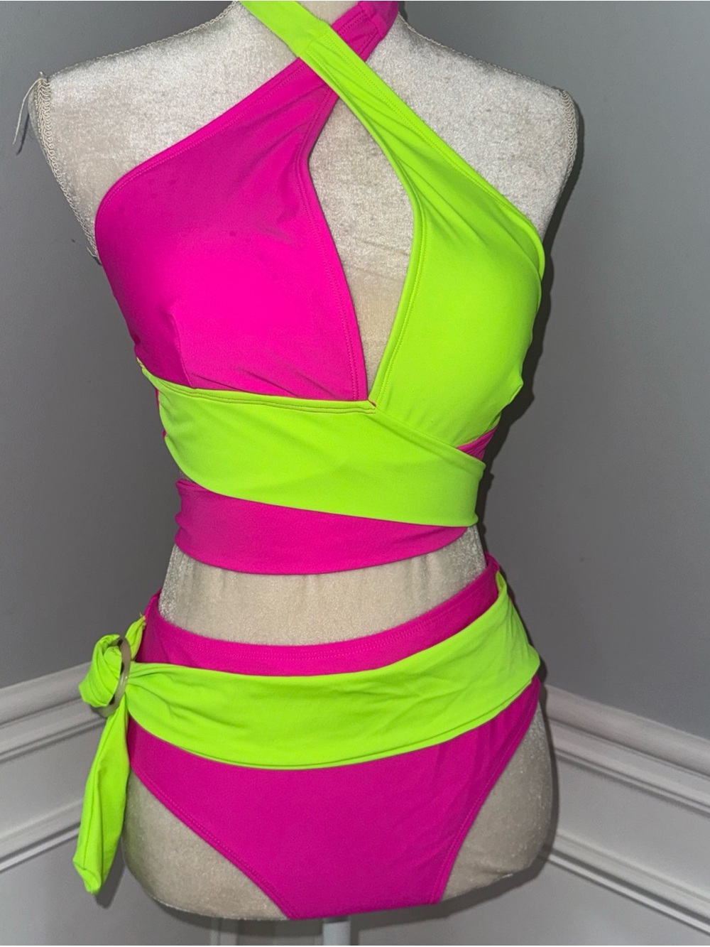 Neon Pink & Lime Green Two-Tone Triangle Bikini Set - Women Swimsuit Sz L